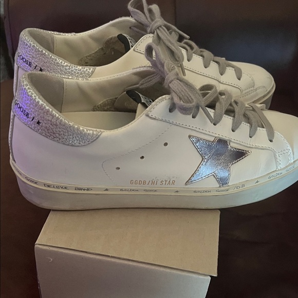 Golden Goose Hi Star White and Silver Sneakers - Picture 2 of 6